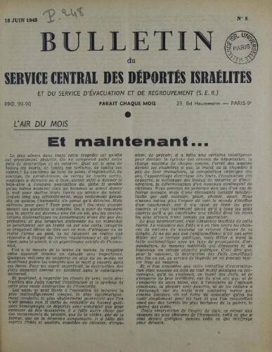 Bulletin du Service central des déportés israélites. N° 8 (15 juin 1945)